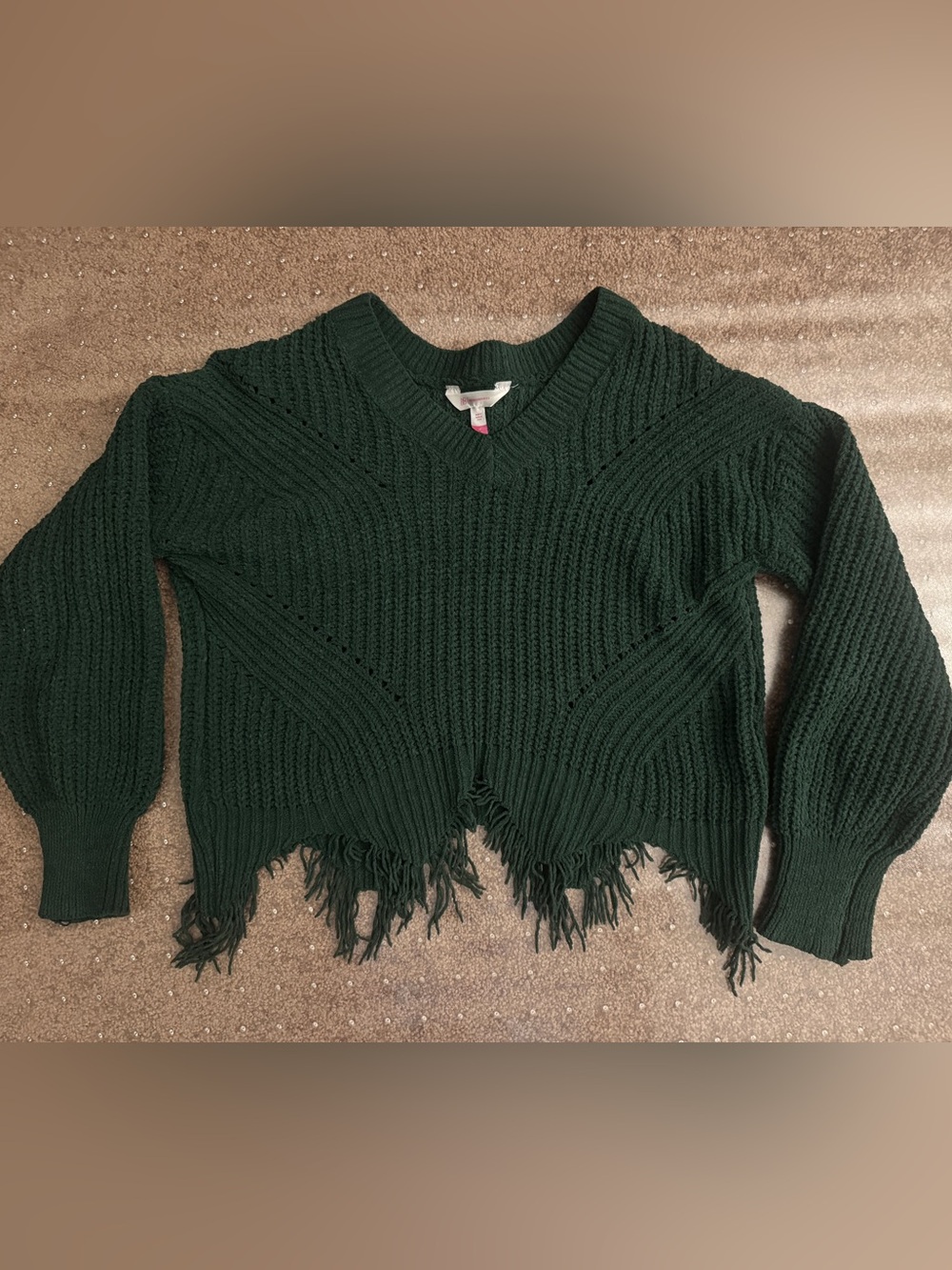 No Boundaries Dark Green V-Neck Fringe Knit Sweater